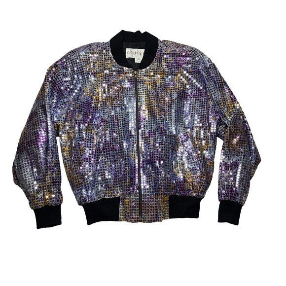 Golden River Jackets & Blazers - VTG 80s Golden River Sequin Bomber Jacket Womens S/M Iridescent Glam Disco Boxy